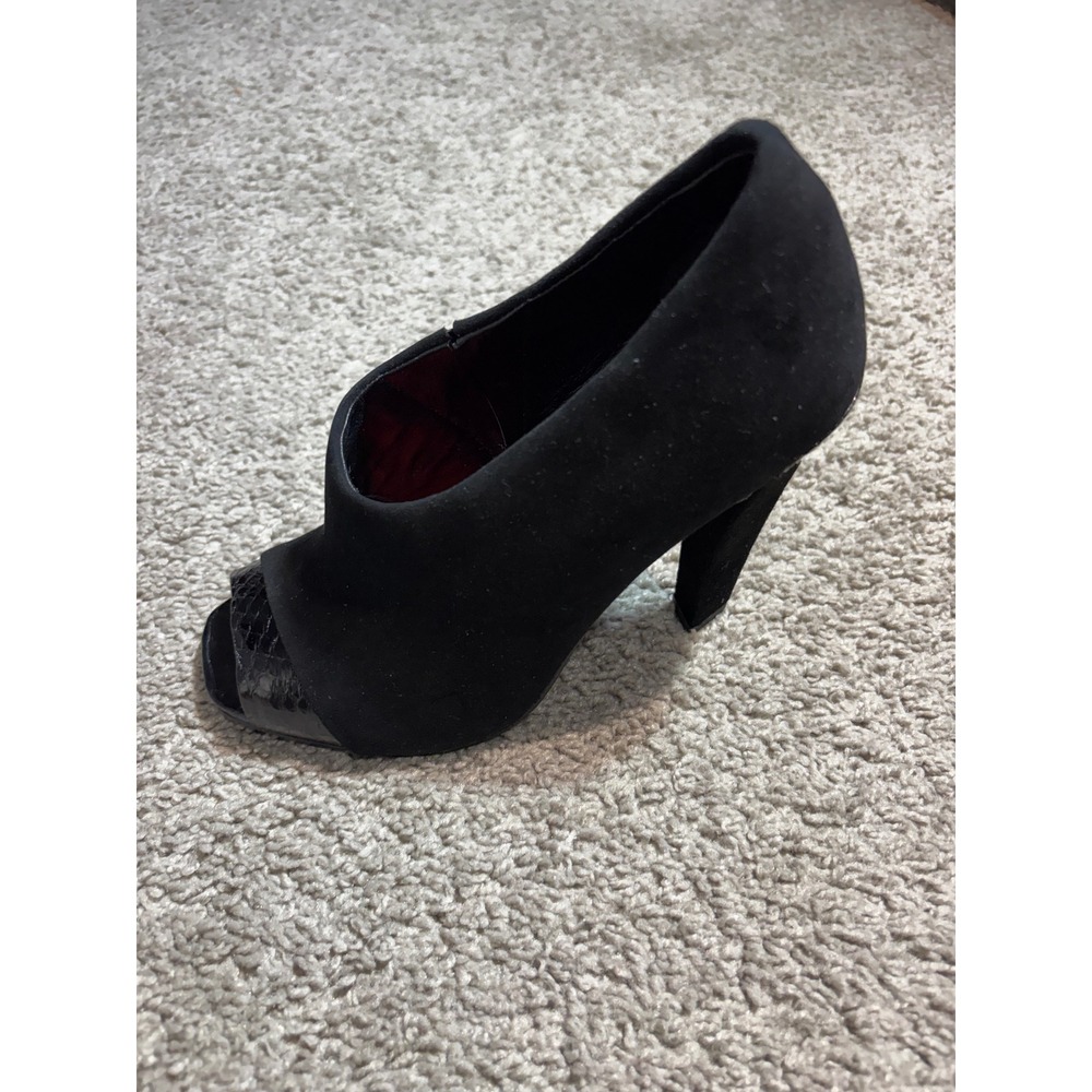 Charles Jourdan Elsa Black Suede Peep Toe Shootie Heels Snakeskin Accent Size 7M